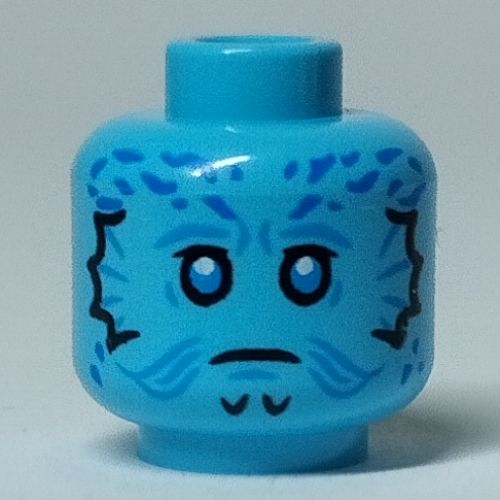 Lego Minifig Head Mythrol, White Eyes with Black Edge, Dark Blue Markings Print / Medium Azure