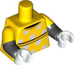 Lego Torso Dress with White Polka Dots, Black Collar and Sash Pattern / Black Arms with Molded Yellow Short Sleeves Pattern / White Hands