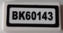 Lego Tile 1 x 2 with 'BK60143' Pattern (Sticker) - Set 60143 / White