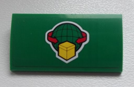Lego Slope, Curved 2 x 4 x 2/3 with Bottom Tubes with Box and Arrows and Globe Pattern (Sticker) - Set 60020 / Green