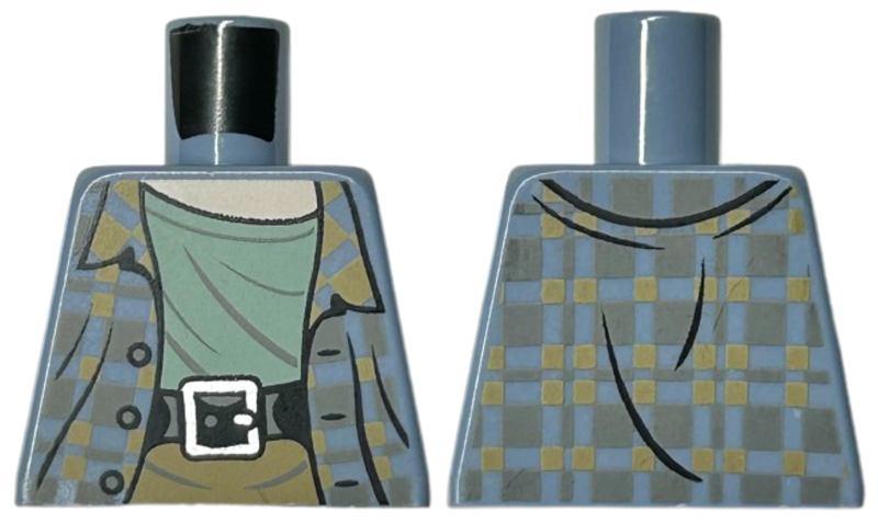 Lego Torso Plaid Jacket Open with Buttons and Dark Bluish Gray and Dark Tan Squares over Sand Green Shirt, Black Belt with Silver Buckle, Light Nougat Neck Pattern / Sand Blue