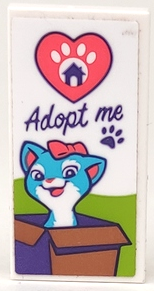 Lego Tile 2 x 4 with Dark Purple 'Adopt me' and Paw Print, Coral Heart and Cat in a Box Pattern (Sticker) - Set 41699 / White