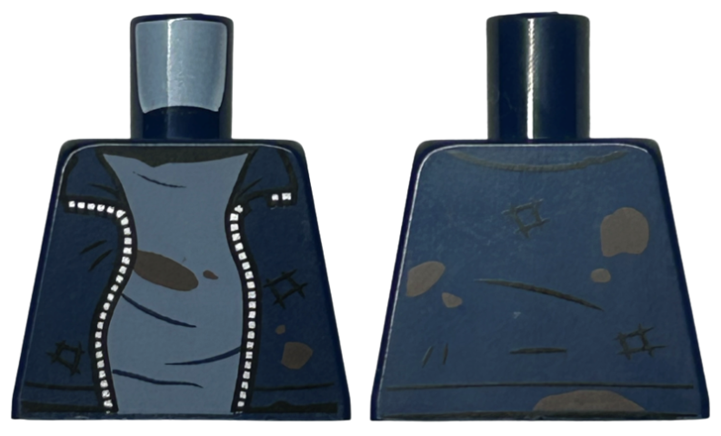 Lego Torso Jacket Open with Silver Zipper, Sand Blue Shirt, Dark Brown Dirt Stains, and Scrapes Pattern / Dark Blue