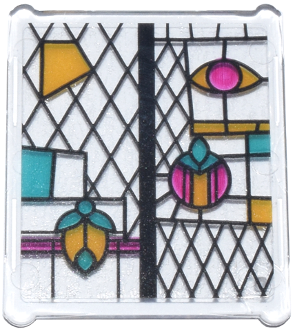 Lego Glass for Window 1 x 3 x 3 Flat Front with Black, Bright Light Orange, Dark Turquoise, and Magenta Stained Glass Pattern 6 (Sticker) - Set 76437 / Trans-Clear