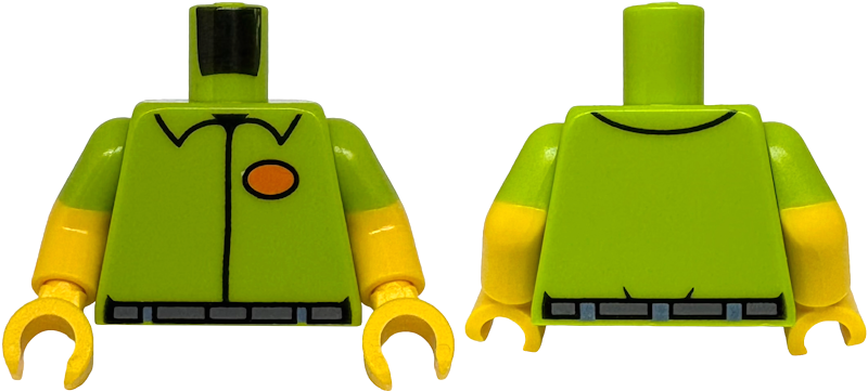 Lego Torso Shirt with Collar, Orange Oval, Dark Bluish Gray Belt, Sand Blue Belt Loops Pattern / Yellow Arms with Molded Lime Short Sleeves Pattern / Yellow Hands