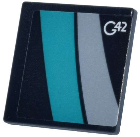 Lego Road Sign 2 x 2 Square with Open O Clip with White 'G42' Logo and Dark Turquoise and Light Bluish Gray Wide Lines Pattern Model Right Side (Sticker) - Set 77244 / Black