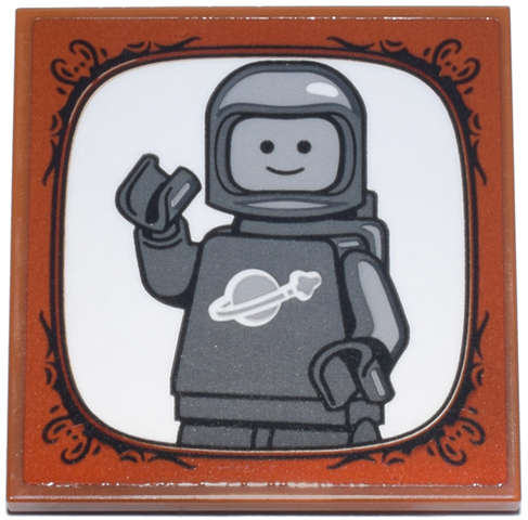 Lego Tile 4 x 4 with Dark Bluish Gray and Light Bluish Gray Classic Space Astronaut on White Background and Black Ornate Rounded Frame Pattern (Sticker) - Set 910050 / Dark Orange