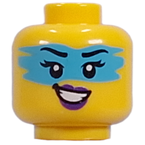 Lego Minifig Head Zoey, Dark Azure Face Paint, Dark Purple Lips, Lopsided Open Mouth Smile/Lopsided Grinn / Yellow