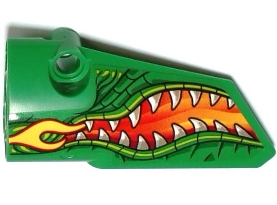 Lego Technic, Panel Fairing # 3 Small Smooth Long, Side A with Red and Yellow Flames, Lime and Dark Green Scales and Skin, and Dragon Mouth with Sharp Teeth Pattern (Sticker) - Set 42149 / Green
