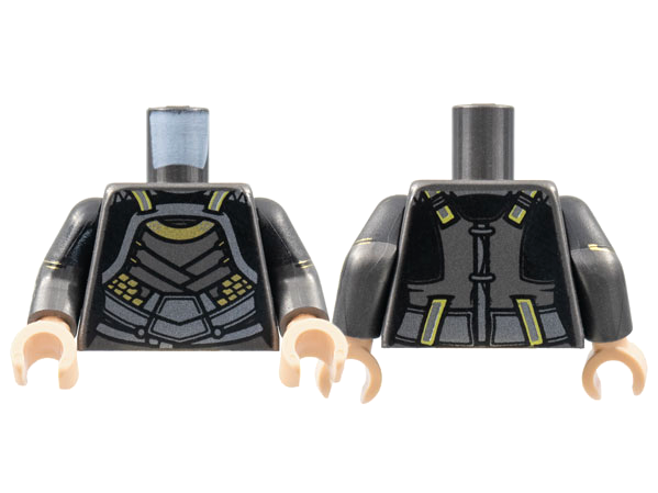 Lego Torso Female Armor, Silver Plates, Gold Trim Pattern / Pearl Dark Gray Arms with Black Short Sleeves, Gold Circles Pattern / Light Nougat Hands