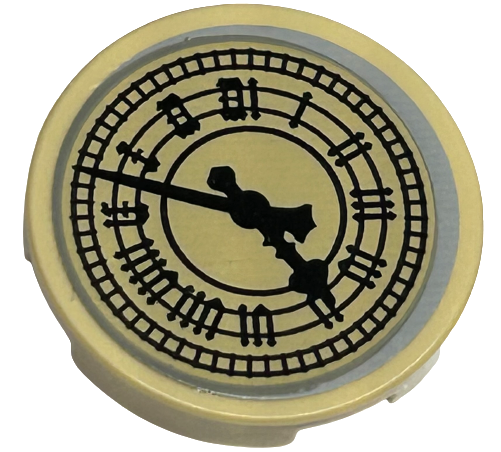 Lego Tile, Round 2 x 2 with Bottom Stud Holder with Clock Face with Roman Numerals Big Ben Pattern (Sticker) - Set 40569 / Tan