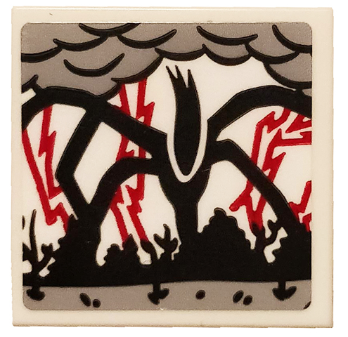 Lego Tile 2 x 2 with Black Mind Flayer Monster, Light Bluish Gray Clouds and Red Lightning Bolts Pattern (Sticker) - Set 75810 / White