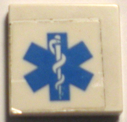 Lego Tile 2 x 2 with Blue EMT Star of Life on Clear Background Pattern (Sticker) - Set 7892 / White