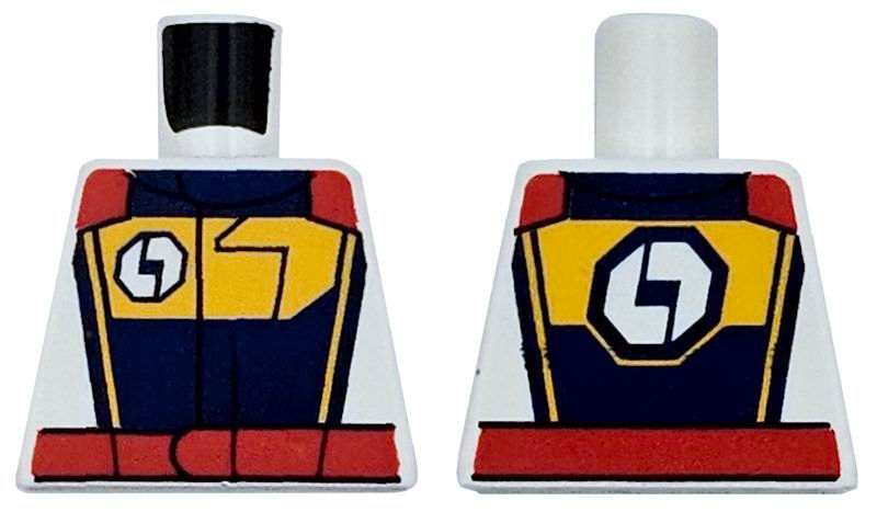 Lego Torso Racing Suit with Logo and Bright Light Orange Chest and Stripes on Dark Blue Panel, Red Belt and Shoulders Pattern / White