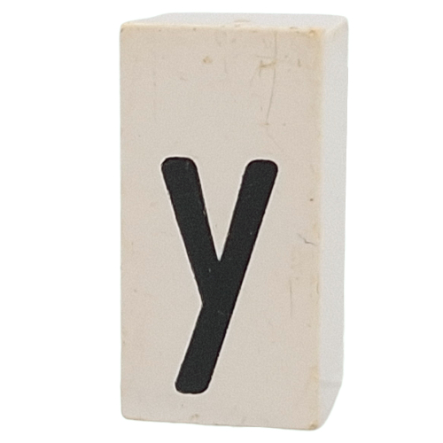 Lego Tile Special 1 x 2 x 5/6 with Stud Hole in End with 'y' Print / White