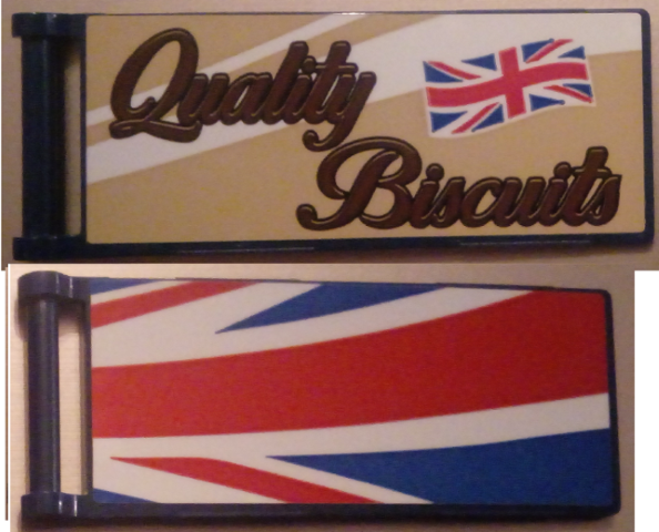 Lego Flag 7 x 3 with Bar Handle with 'Quality Biscuits' / Partial United Kingdom Flag (Union Jack) Pattern Model Back Left Side (Stickers) - Set 10258 / Dark Blue