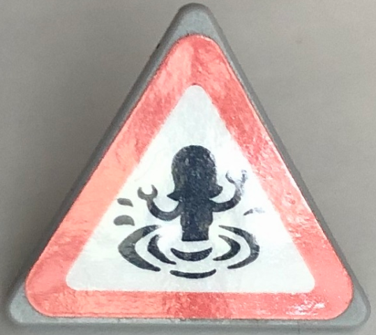 Lego Road Sign 2 x 2 Triangle with Open O Clip with Coral Border and Black Silhouette of Mini Doll Splashing in Water / Swimming Danger Pattern (Sticker) - Set 41421