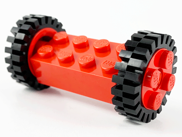 Lego Brick, Modified 2 x 4 with Pins with 2 Red Wheel FreeStyle with Technic Pin Hole and 2 Black Tire 24mm D. x 8mm Offset Tread (6249 / 6248 / 3483)