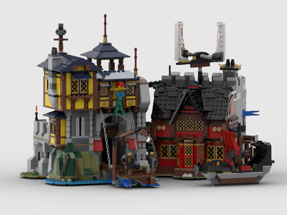 Lego Castle Port "Mermaid" and Pirate Tavern with a Ship and a Garden path with a secret Cthulhu statue