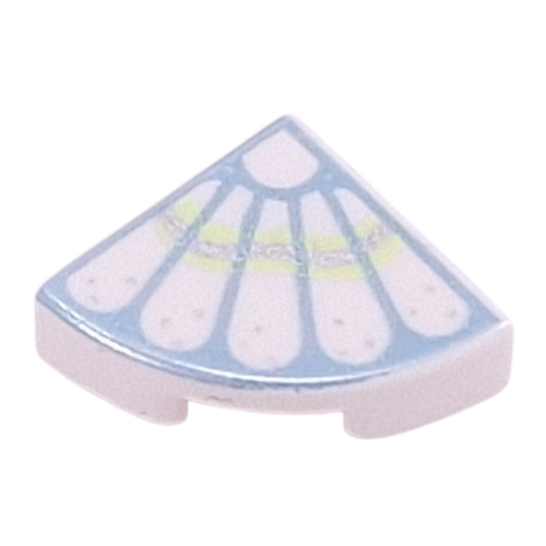 Lego Tile Round 1 x 1 Quarter with Feathers on Metal Blue Background, Yellowish Green / Silver Band Print / White