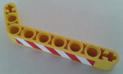 Lego Technic, Liftarm, Modified Bent Thick 1 x 9 (7 - 3) with Red and White Danger Stripes Pattern Model Right (Sticker) - Set 8053 / Yellow