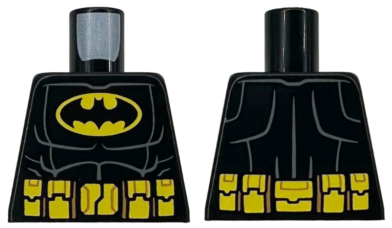 Lego Torso Batman Suit with Bat in Yellow Oval Logo, Utility Belt with Pouches and Medium Nougat Details, Dark Bluish Gray Muscles Outline Pattern / Black