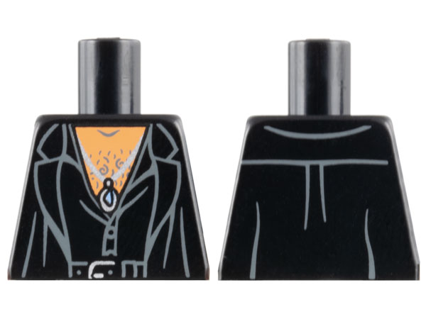 Lego Torso Jacket over Partially Open Shirt, Belt with Silver Buckle, Nougat Hairy Chest, Pendant Necklace Pattern / Black