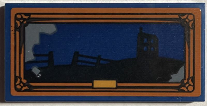 Lego Tile 2 x 4 with Picture of Black Shrieking Shack and Fence Silhouette in Dark Orange Frame Pattern (Sticker) - Set 76407 / Dark Blue