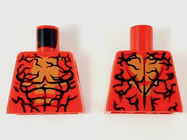Lego Torso Bare Chest with Medium Nougat Center, Dark Red Muscles Outline, and Black Jagged Lines Pattern / Red