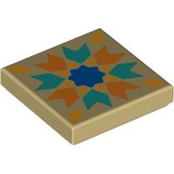 Lego Tile 2 x 2 with Dark Turquoise/Orange Chevrons, Bright Light Orange Diamond, BlieStar Print / Tan
