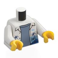 Lego Torso White Open Shirt, Sand Blue Shirt, Dark Blue Palm Trees Print, White Arms, Yellow Hands / White