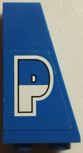Lego Slope, Inverted 75 2 x 1 x 3 with Blue and White 'P' on Blue Background Pattern Model Right Side (Sticker) - Set 8214 / Blue