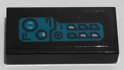 Lego Tile 1 x 2 with Dark Turquoise Control Panel Pattern Model Left Side (Sticker) - Set 76153 / Black