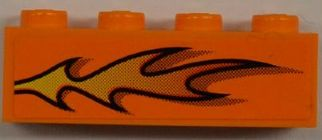 Lego Brick 1 x 4 with Orange Flame Pattern Model Left Side (Sticker) - Set 8186 / Orange