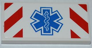 Lego Tile 2 x 4 with Red and White Danger Stripes and EMT Star of Life Pattern (Sticker) - Set 4429
