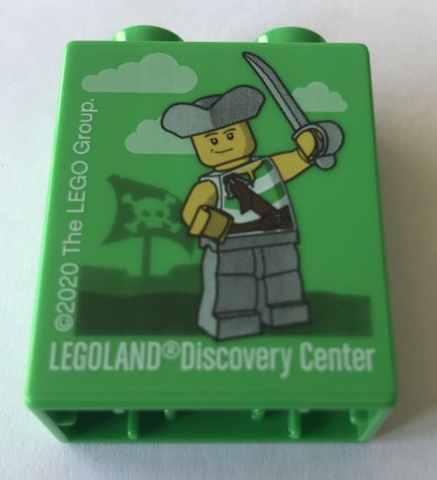 Lego Duplo, Brick 1 x 2 x 2 with LEGOLAND Discovery Center 2020 Pirate Pattern / Bright Green