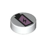 Lego Tile Round 1 x 1 with Battery Print / White