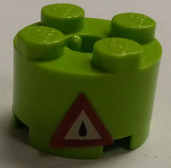 Lego Brick, Round 2 x 2 with Axle Hole with Dark Red Triangle Danger Sign with Oil Drop Pattern (Sticker) - Sets 7298 / 7477 / Lime