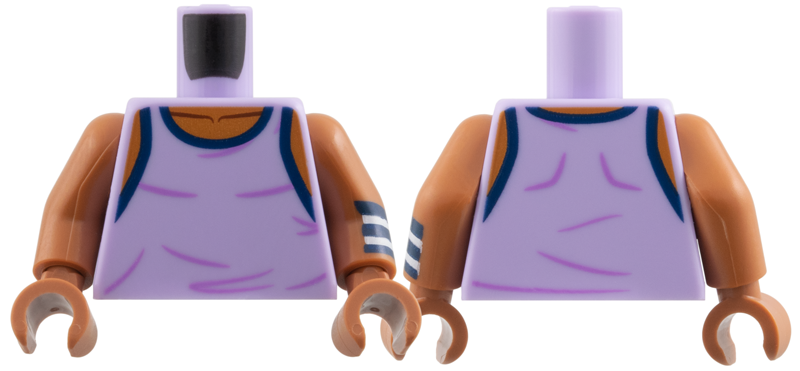 Lego Torso Tank Top, Dark Blue Hems, Medium Lavender Wrinkles, Sienna Neck Pattern / Sienna Arm Left with Dark Blue and White Striped Wristband Pattern / Sienna Arm Right / Sienna Hands