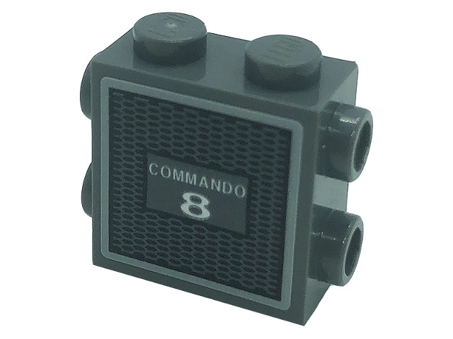 Lego Brick, Modified 1 x 2 x 1 2/3 with Studs on Side and Ends with White 'COMMANDO 8' and Grille Pattern (Sticker) - Set 21328