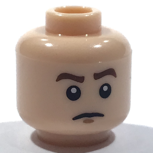 Lego Minifig Head Rebel Pilot, Brown Eyebrows, Orange Visor and Bared Teeth / Closed Mouth Without Goggles Print / Light Nougat