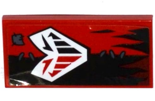 Lego Tile 2 x 4 with White Mask and Dark Bluish Gray Patch and Stitches on Black / Red Halves Tattered Flag Pattern (Sticker) - Set 70316 / Red