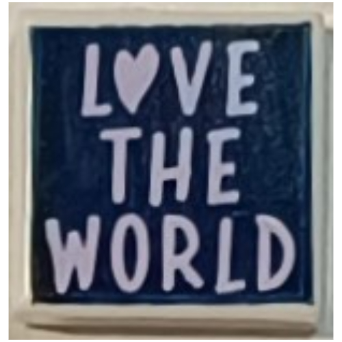 Lego Tile 1 x 1 with Lavender 'LOVE THE WORLD' on Dark Blue Background Print / White