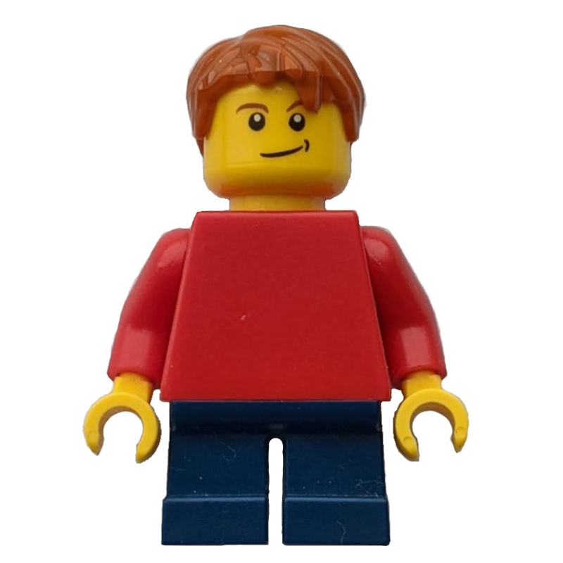 Lego Boy, Plain Red Torso, Short Dark Blue Legs, Dark Orange Hair