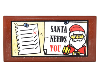 Lego Tile 2 x 4 with 'SANTA NEEDS YOU', Santa Minifigure and List Pinned to Board on Transparent Background Pattern (Sticker) - Set 10245