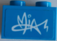 Lego Brick 1 x 2 with 'MIA' Signature Graffiti Pattern (Sticker) - Set 41327 / Dark Azure