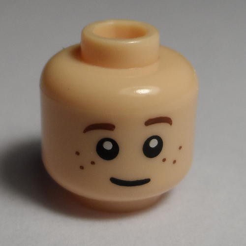 Lego Minifig Head Bain, Dual Sided, Brown Eyebrows and Freckles, Slight Smile / Frown Print [Hollow Stud] / Light Nougat