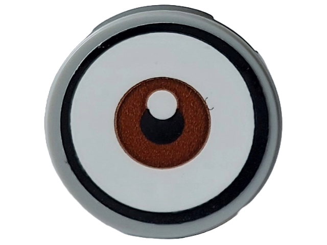 Lego Tile, Round 2 x 2 with Bottom Stud Holder with White Eye with Centered Reddish Brown Iris Pattern (Sticker) - Set 75582 / Light Bluish Gray