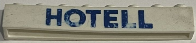 Lego Brick 1 x 8 without Bottom Tubes with Cross Side Supports with Blue 'HOTELL' Sans-Serif Bold Pattern