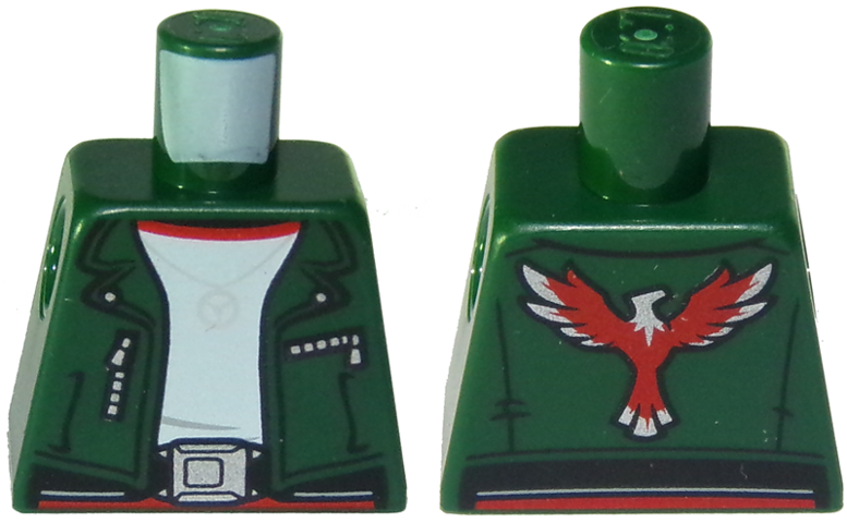 Lego Torso Jacket with Silver Necklace, Buckle, and Zippers, Red Phoenix / Firebird Logo on Back Pattern / Dark Green
